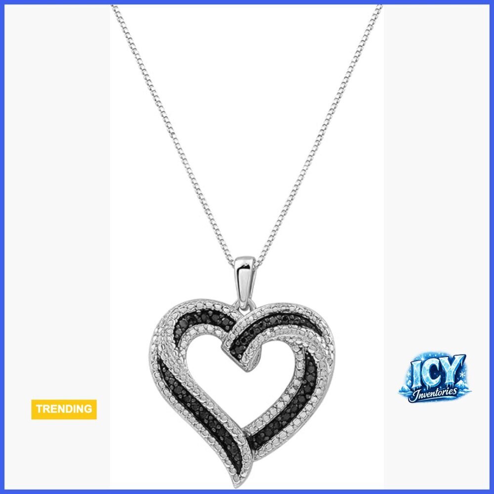 Sterling Silver Necklace with Black Diamond Heart Pendant, 18-inch Chain